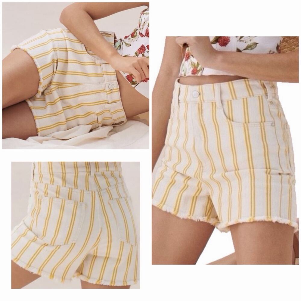 Pilcro Anthropologie Striped Denim Shorts Size 26 Raw Hem Yellow Cream